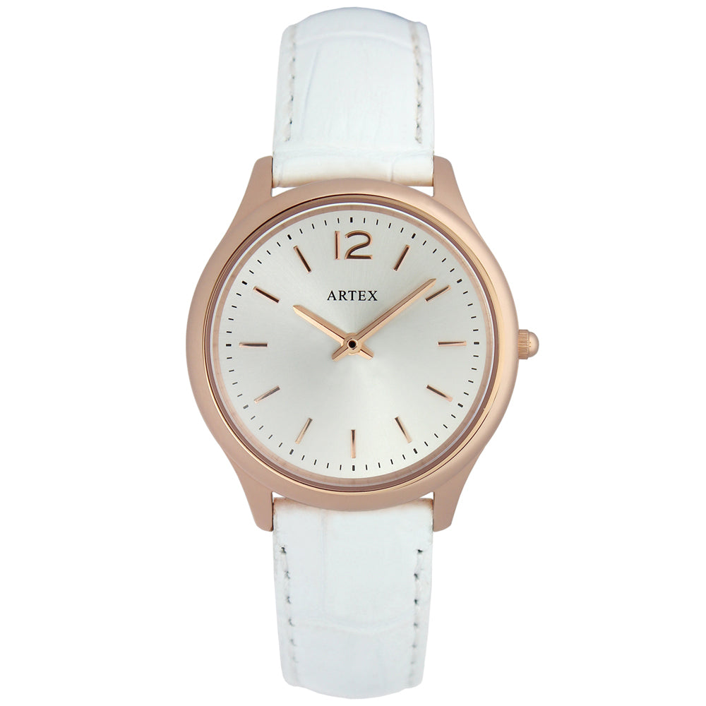 ARTEX 5605真皮手錶-白/玫瑰金33mm