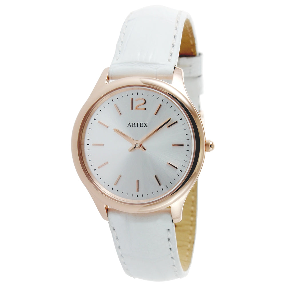 ARTEX 5605真皮手錶-白/玫瑰金33mm