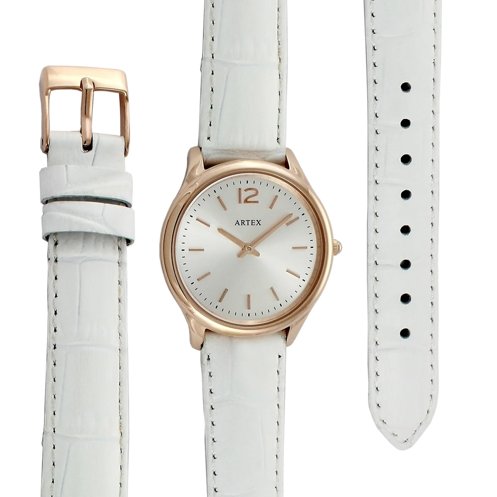 ARTEX 5605真皮手錶-白/玫瑰金33mm
