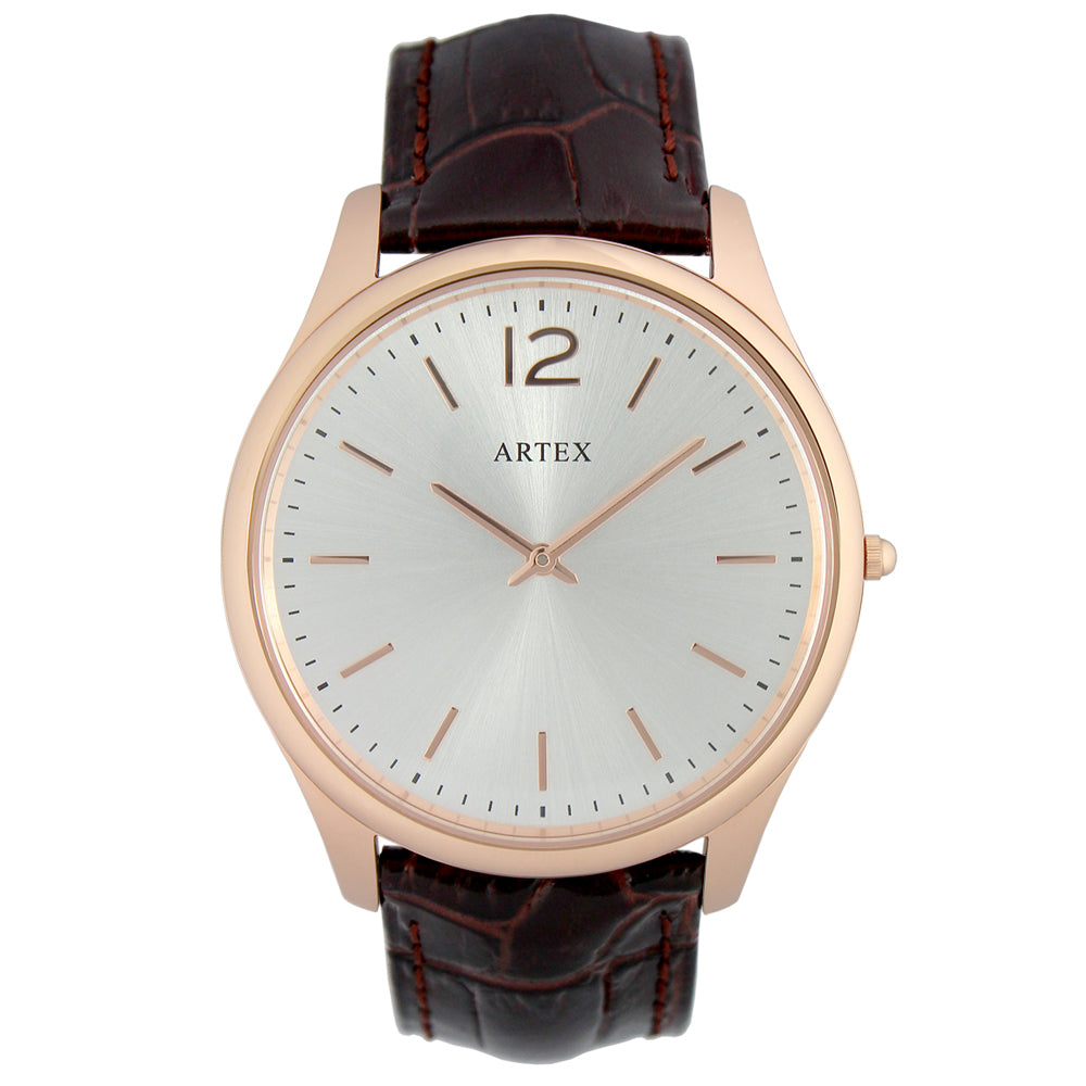 ARTEX 5605真皮手錶-褐/玫瑰金43mm
