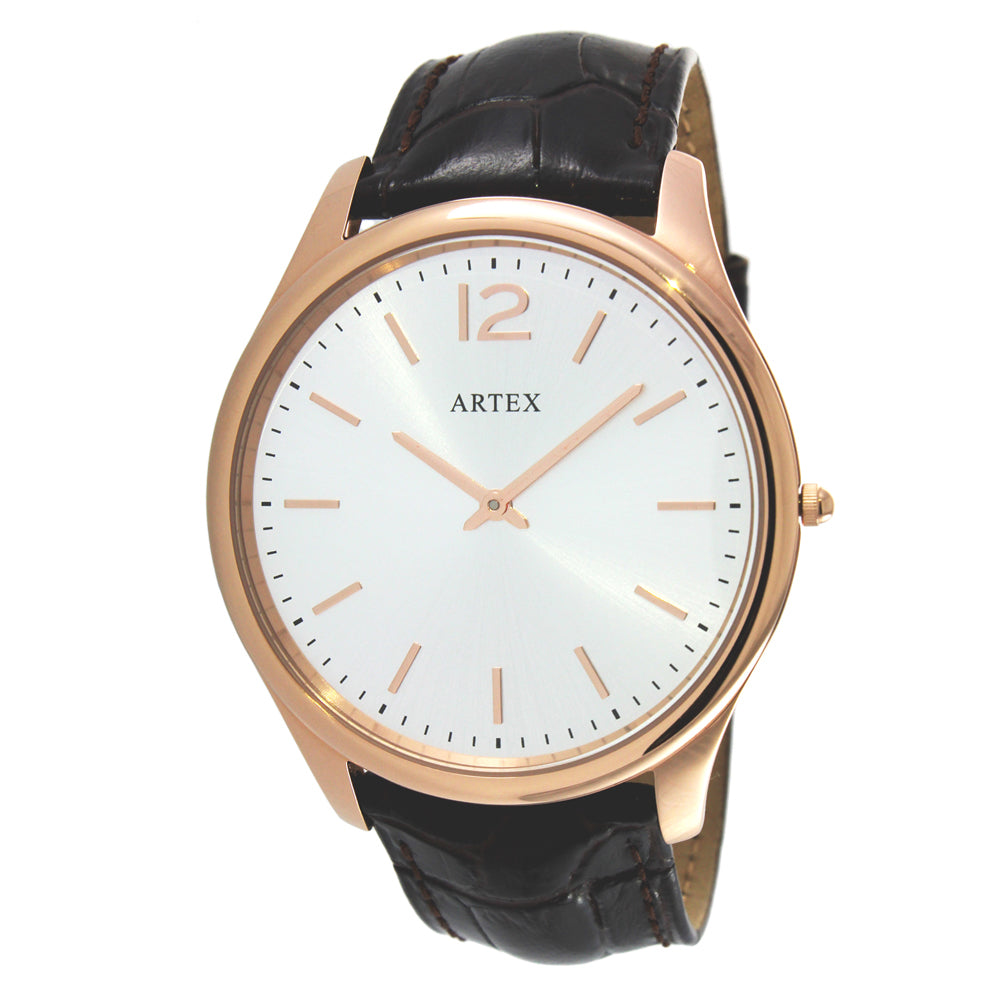 ARTEX 5605真皮手錶-褐/玫瑰金43mm
