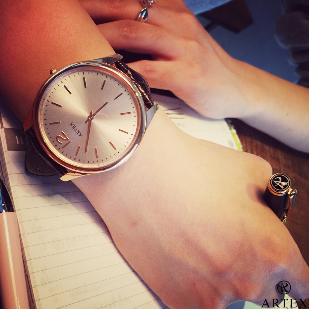 ARTEX 5605真皮手錶-褐/玫瑰金43mm