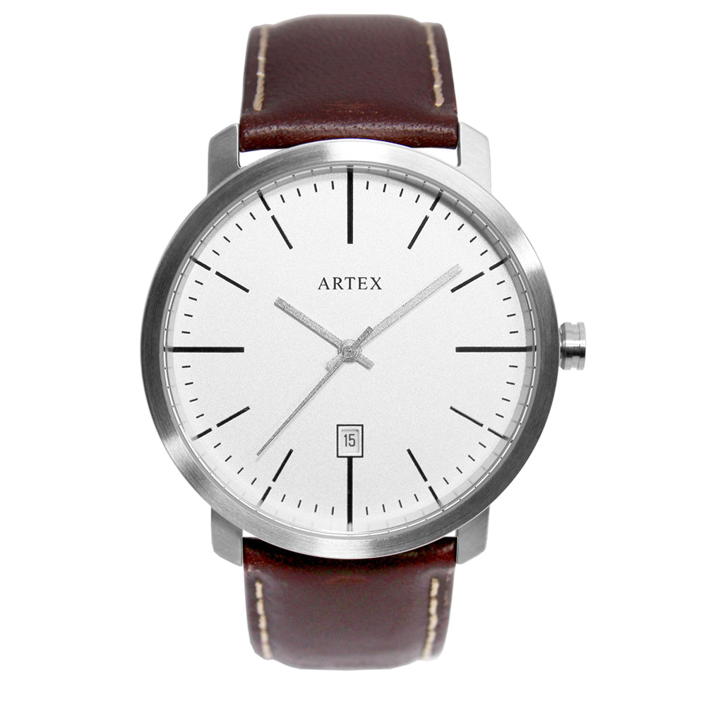 ARTEX 5936真皮手錶-褐色/霧銀42mm-有日期窗