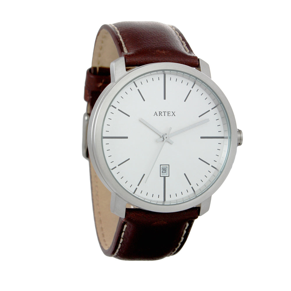 ARTEX 5936真皮手錶-褐色/霧銀42mm-有日期窗