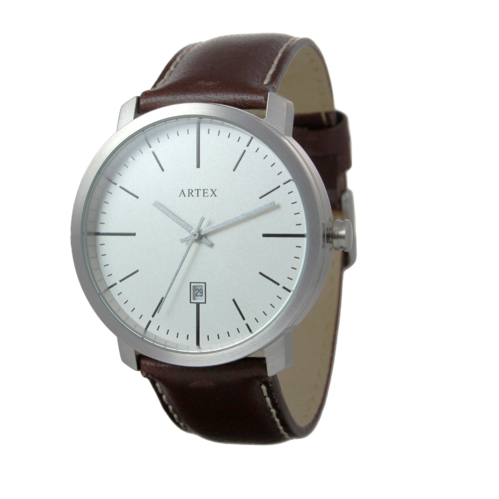 ARTEX 5936真皮手錶-褐色/霧銀42mm-有日期窗