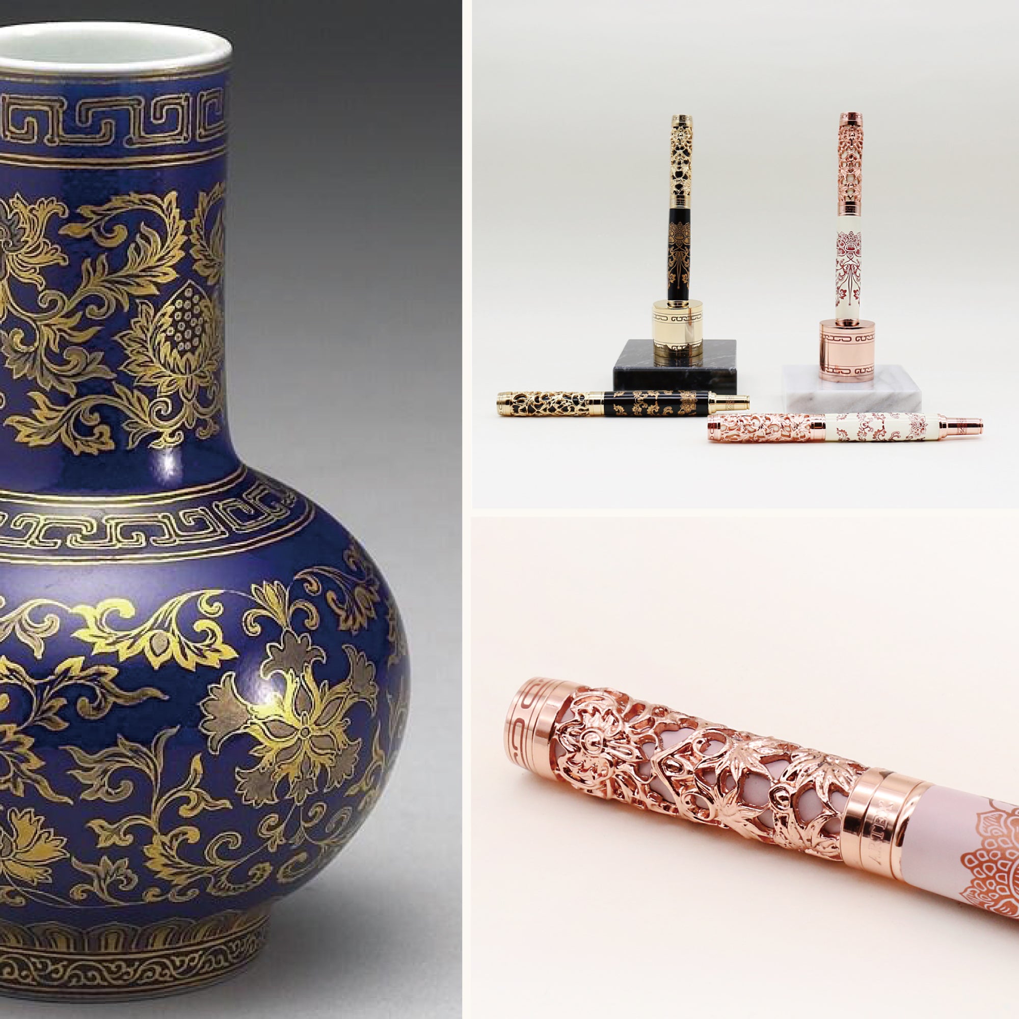 【 霽 青 釉 描 金 番 蓮 紋 瓶 】
清 乾隆 西元1736-1795年
直口，長頸，圓腹，圈足，清宮稱這類頸略寬長的瓶制為紙槌瓶。器外壁通體施鈷藍釉，紋飾以金、銀二彩繪成，口沿及肩各飾回紋一道，器頸及腹畫轉枝番蓮花，底邊及圈足各為蓮瓣及卷草紋一周。口沿、足底均描金邊，胎薄潔白，器內、底均施白釉，底心青花書「大清乾隆年製」六字三行篆款。