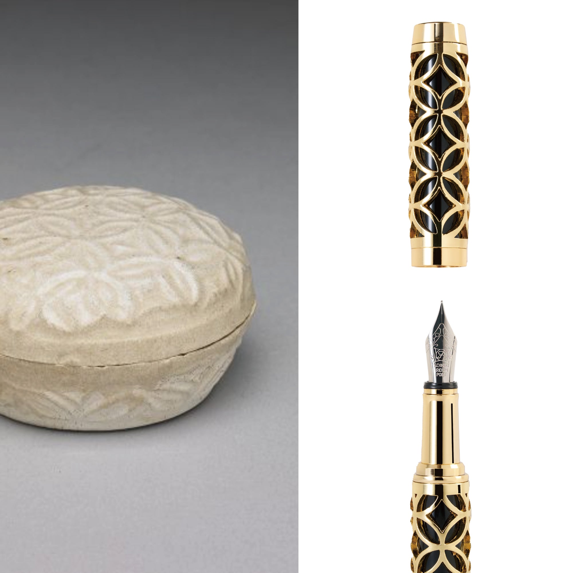 錢紋盒，子母口，平頂蓋，淺壁平底。全器施白釉，釉色泛黃，底露胎無釉。蓋面及器外壁刻印錢幣紋，加上毬紋亦為古代錢紋的象徵，結合小圓盒彷彿盛裝滿滿的財富聚寶之寓意。以此毬紋(錢紋) 為設計主題，化作筆身的圖騰以及包裝盒上的圖騰。